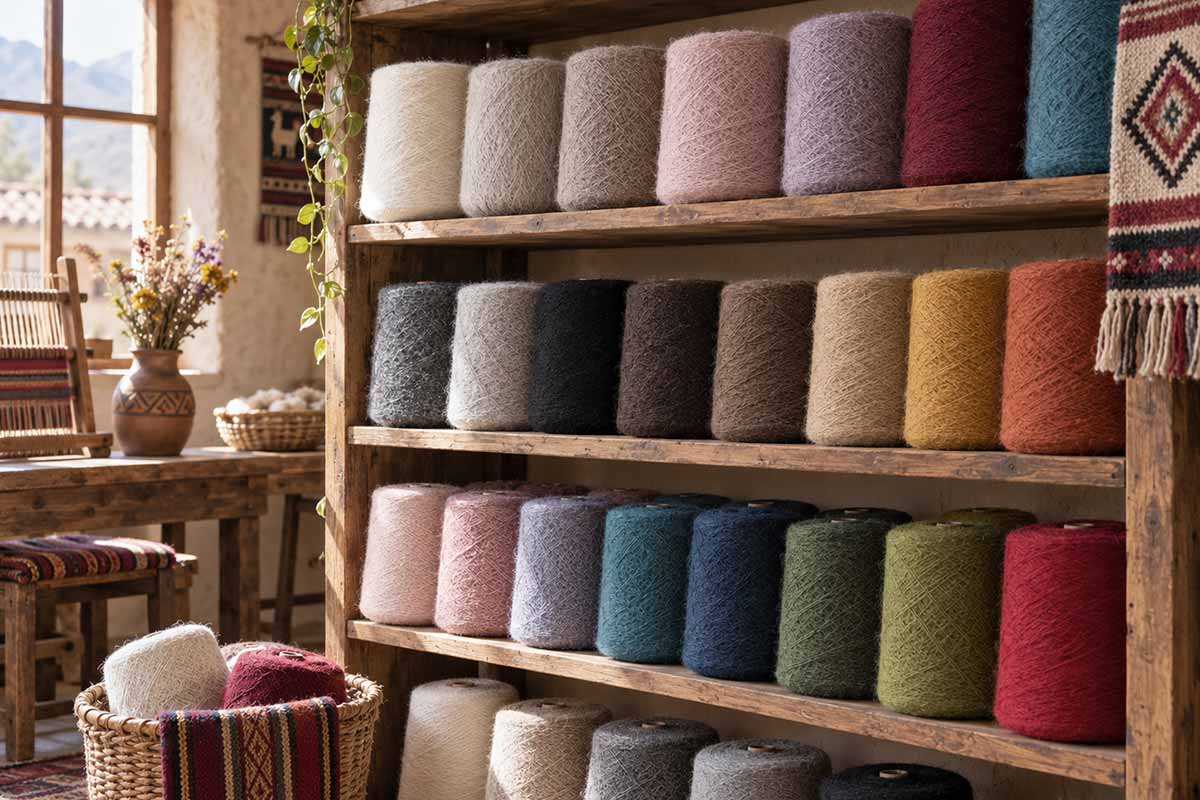 Fils d’alpaga en couleurs naturelles et différentes nuances Cônes de fil d’alpaga en couleurs naturelles et différentes nuances